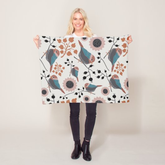《鳥》アメリカゴガラ鳥及びベリーパターンフローラデザイン フリースブランケット (インサイチュ)