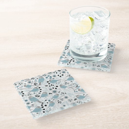 《鳥》アメリカゴガラ鳥可愛いブルーグレイ花の果実 ガラスコースター (アングル)