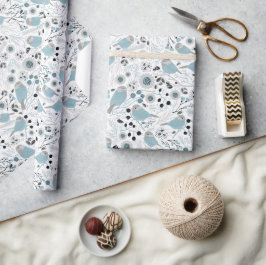 《鳥》アメリカゴガラ鳥可愛いブルーグレイ花の果実 ラッピングペーパー