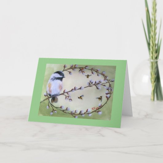 《鳥》アメリカゴガラ、プッシー柳の折り畳み告知カード 案内状 (正面)