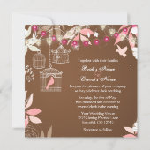 鳥、ケージ、フラワーガーデンピンクとブラウン結婚ズ 招待状 (裏面)