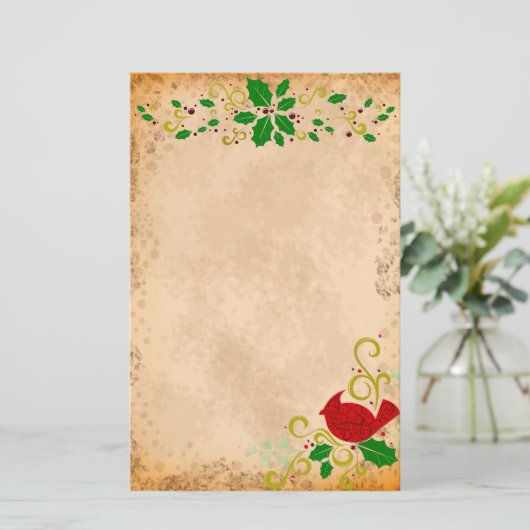 (鳥)ショウジョウコウカンチョウおよびヒイラギの羊皮紙の文房具 便箋 (スタンド正面)