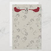 （鳥）ショウジョウコウカンチョウおよび花盛りのつる植物のモノグラムの文房具 便箋 (正面/裏面)