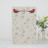 （鳥）ショウジョウコウカンチョウおよび花盛りのつる植物のモノグラムの文房具 便箋 (スタンド正面)