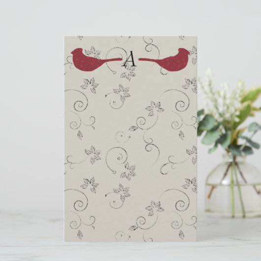 (鳥)ショウジョウコウカンチョウおよび花盛りのつる植物のモノグラムの文房具 便箋 (スタンド正面)