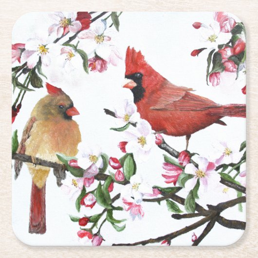 （鳥）ショウジョウコウカンチョウおよびAppleの花 スクエアペーパーコースター (正面)