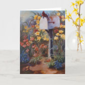 (鳥)ショウジョウコウカンチョウがメールを待っている カード (黄色い花)