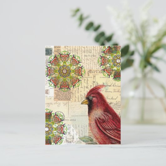 (鳥)ショウジョウコウカンチョウとエフェメラコラージュ ポストカード (スタンド正面)