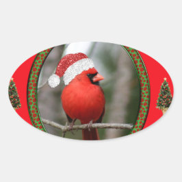 （鳥）ショウジョウコウカンチョウとクリスマスツリーの赤い背景 楕円形シール