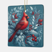 （鳥）ショウジョウコウカンチョウとクリスマスホリー セラミックオーナメント (左)