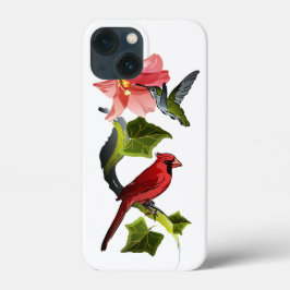 (鳥)ショウジョウコウカンチョウとハミングバードとピンクのユリとツタ iPhone 13 MINIケース