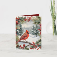 （鳥）ショウジョウコウカンチョウとホリーホリデークリスマスカード