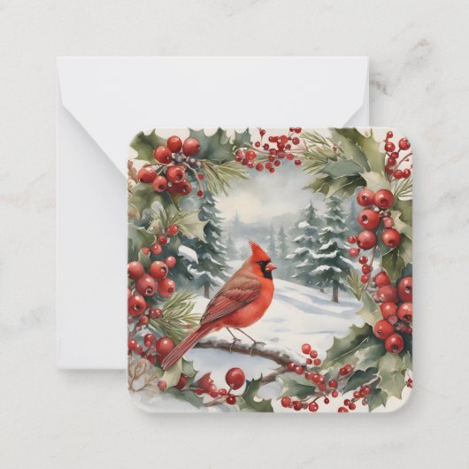 （鳥）ショウジョウコウカンチョウとホリーホリデーミニクリスマスカード ノートカード (正面)