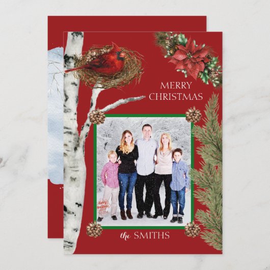 (鳥)ショウジョウコウカンチョウと樺の木の休日の写真グリーティングカード 招待状 (正面/裏面)