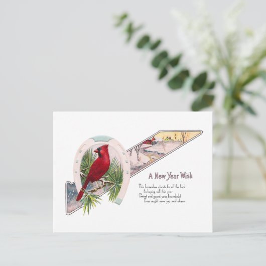 （鳥）ショウジョウコウカンチョウと蹄鉄ヴィンテージ新年 シーズンポストカード (スタンド正面)