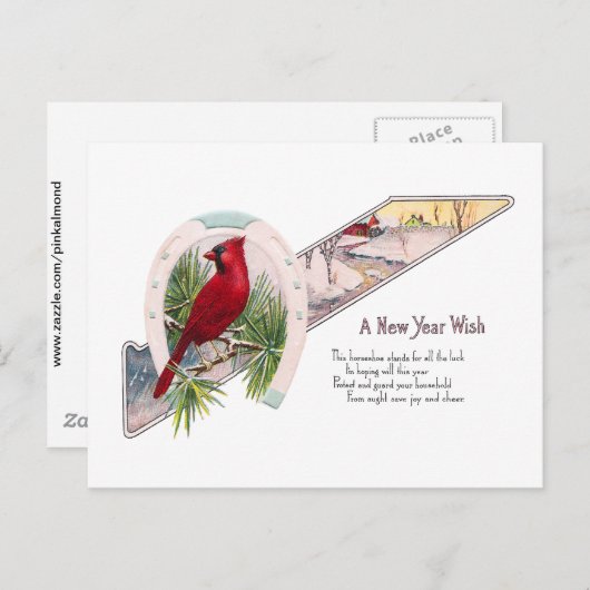 （鳥）ショウジョウコウカンチョウと蹄鉄ヴィンテージ新年 シーズンポストカード (正面/裏面)