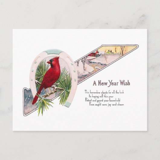 （鳥）ショウジョウコウカンチョウと蹄鉄ヴィンテージ新年 シーズンポストカード (正面)