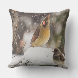 (鳥)ショウジョウコウカンチョウと雪の中の雀 クッション
