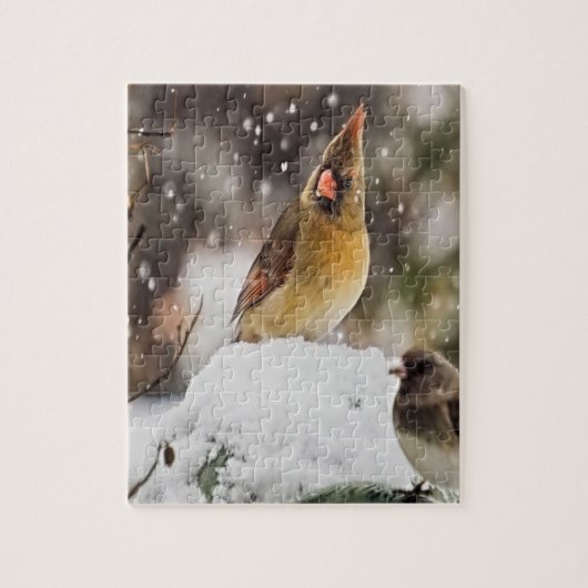 （鳥）ショウジョウコウカンチョウと雪の中の雀 ジグソーパズル (縦)