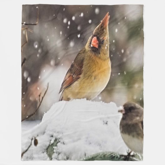 （鳥）ショウジョウコウカンチョウと雪の中の雀 フリースブランケット (正面)