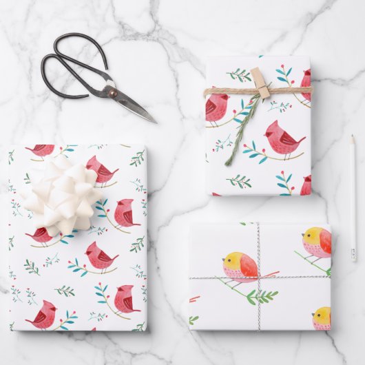 （鳥）ショウジョウコウカンチョウのかわいい森の赤鳥クリスマスプレゼント ラッピングペーパーシート (正面)