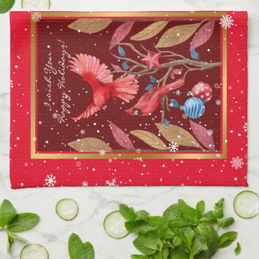 （鳥）ショウジョウコウカンチョウの鳥がクリスマスの木にカスタマイズ咲く キッチンタオル (折り畳み)