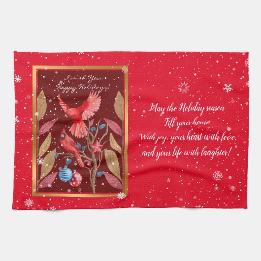 (鳥)ショウジョウコウカンチョウの鳥がクリスマスの木にカスタマイズ咲く キッチンタオル (横)