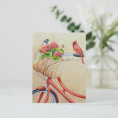 (鳥)ショウジョウコウカンチョウの鳥が自転車の水彩画に止まる ポストカード (スタンド正面)