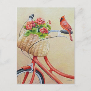 (鳥)ショウジョウコウカンチョウの鳥が自転車の水彩画に止まる ポストカード