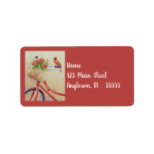 (鳥)ショウジョウコウカンチョウの鳥が自転車の水彩画に止まる ラベル (正面)