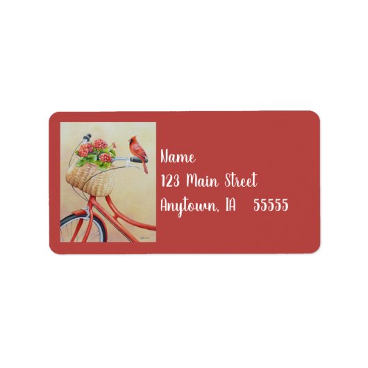 （鳥）ショウジョウコウカンチョウの鳥が自転車の水彩画に止まる ラベル (正面)