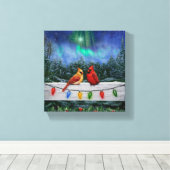 （鳥）ショウジョウコウカンチョウの鳥とクリスマスライト キャンバスプリント (インサイチュ (ウッドフロア))