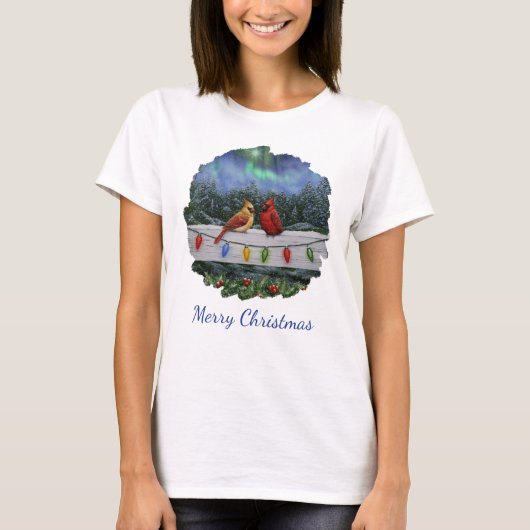 (鳥)ショウジョウコウカンチョウの鳥とクリスマスライト Tシャツ (正面)