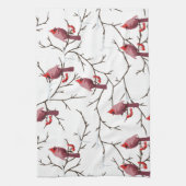 (鳥)ショウジョウコウカンチョウの鳥、冬のさくらんぼと雪模様 キッチンタオル (縦)