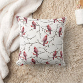 (鳥)ショウジョウコウカンチョウの鳥、冬のさくらんぼと雪模様 クッション (ブランケット)