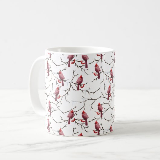 (鳥)ショウジョウコウカンチョウの鳥、冬のさくらんぼと雪模様 コーヒーマグカップ (正面左)