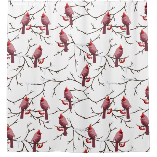 (鳥)ショウジョウコウカンチョウの鳥、冬のさくらんぼと雪模様 シャワーカーテン (正面)