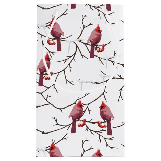 （鳥）ショウジョウコウカンチョウの鳥、冬のさくらんぼと雪模様 スモールペーパーバッグ (裏面)
