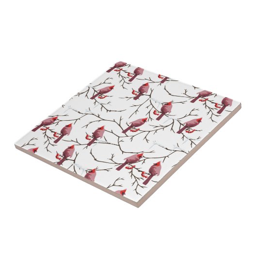 (鳥)ショウジョウコウカンチョウの鳥、冬のさくらんぼと雪模様 タイル (側面)