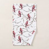 (鳥)ショウジョウコウカンチョウの鳥、冬のさくらんぼと雪模様 バスタオルセット (ハンドタオル)