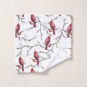 (鳥)ショウジョウコウカンチョウの鳥、冬のさくらんぼと雪模様 バスタオルセット (ウォッシュタオル)
