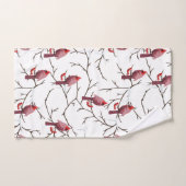 (鳥)ショウジョウコウカンチョウの鳥、冬のさくらんぼと雪模様 バスタオルセット (ハンドタオル)