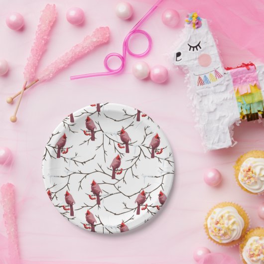 (鳥)ショウジョウコウカンチョウの鳥、冬のさくらんぼと雪模様 ペーパープレート (パーティー)