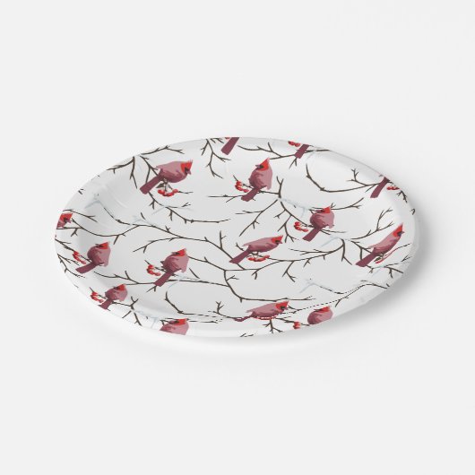 (鳥)ショウジョウコウカンチョウの鳥、冬のさくらんぼと雪模様 ペーパープレート (アングル)