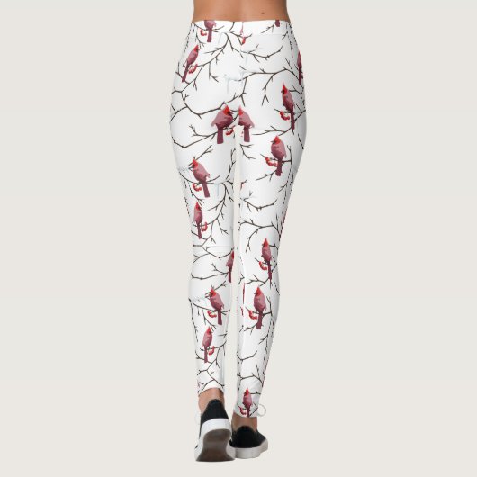 (鳥)ショウジョウコウカンチョウの鳥、冬のさくらんぼと雪模様 レギンス (裏面)