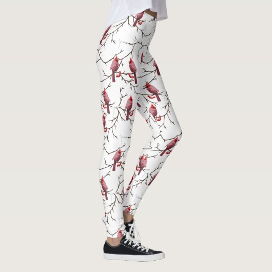 (鳥)ショウジョウコウカンチョウの鳥、冬のさくらんぼと雪模様 レギンス (右)