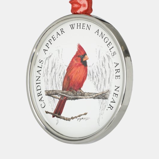 (鳥)ショウジョウコウカンチョウはリボンのオーナメントの近くでと天使現われます メタルオーナメント (左)