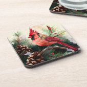 （鳥）ショウジョウコウカンチョウは常緑の木に羽状の植物で覆われている コースター (左側)