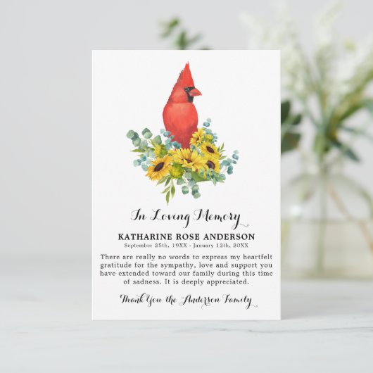 (鳥)ショウジョウコウカンチョウひまわりモダン葬儀記念 サンキューカード (スタンド正面)