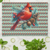 （鳥）ショウジョウコウカンチョウオンパインブランチウィズウィンターベリー キッチンタオル (折り畳み)